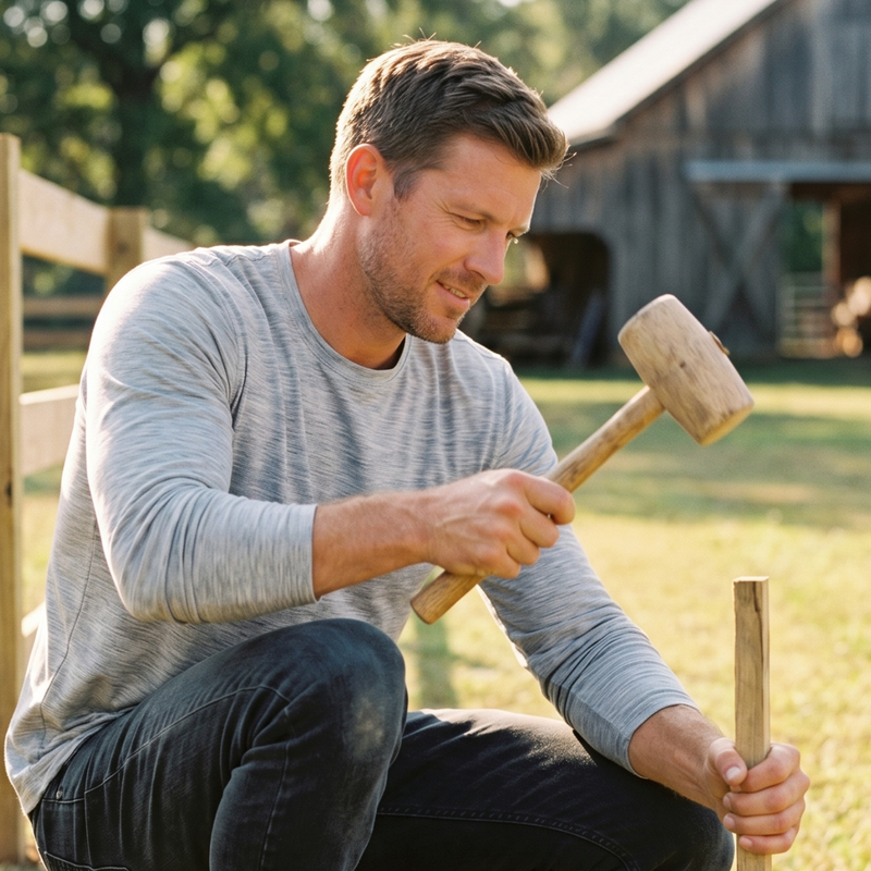 Man holding a wooden mallet outdoors with a barn in the background