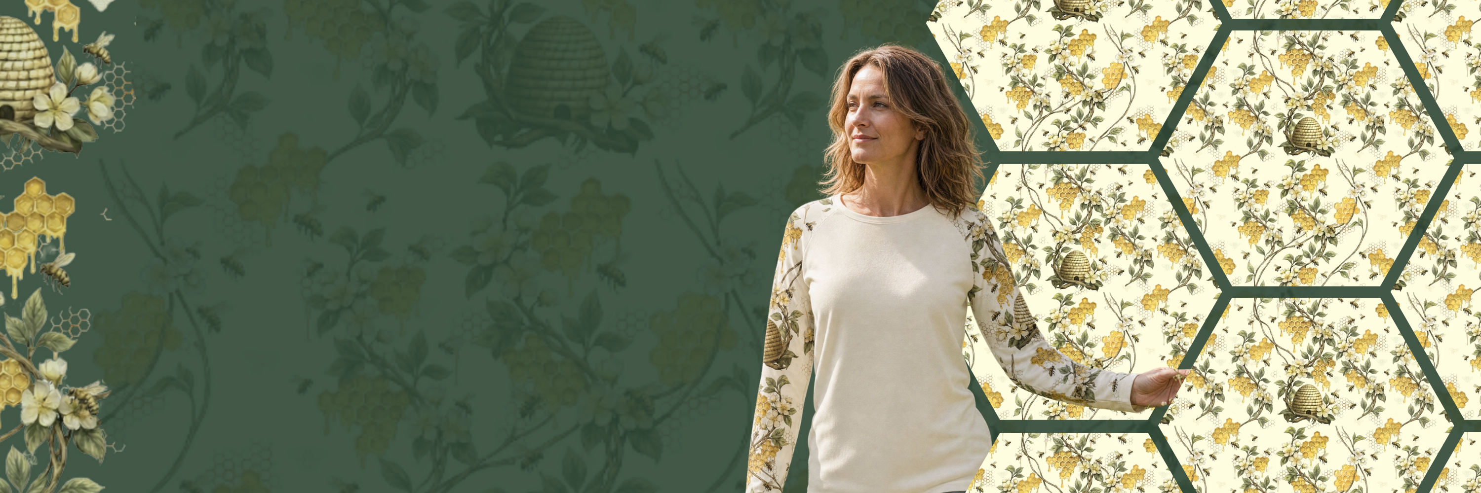 Woman standing between floral and geometric patterns