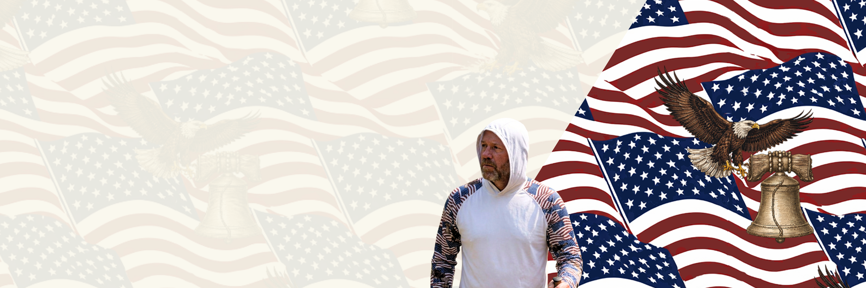 Person walking past an American flag with a bald eagle emblem on a textured white background