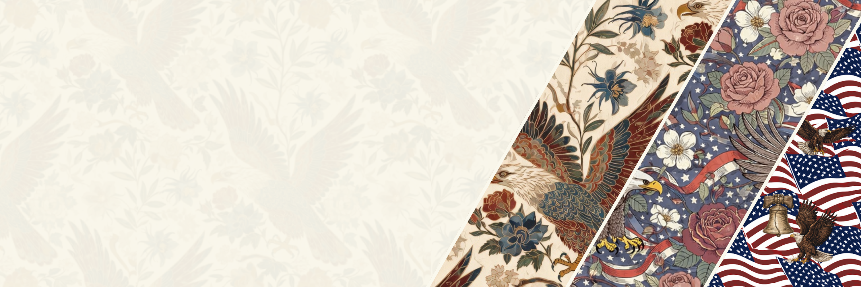Three strips of floral and patriotic patterned paper on a textured beige background
