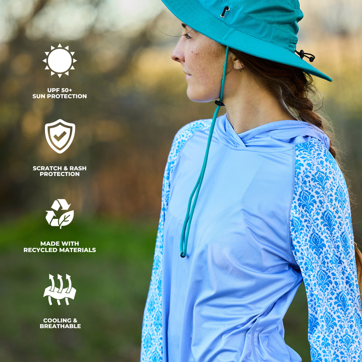 Women's UV Protection Sun Hoodie - Royal Blue Damask