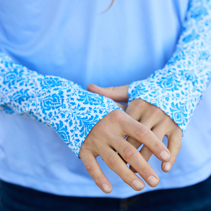 Women's UV Protection Sun Hoodie - Royal Blue Damask