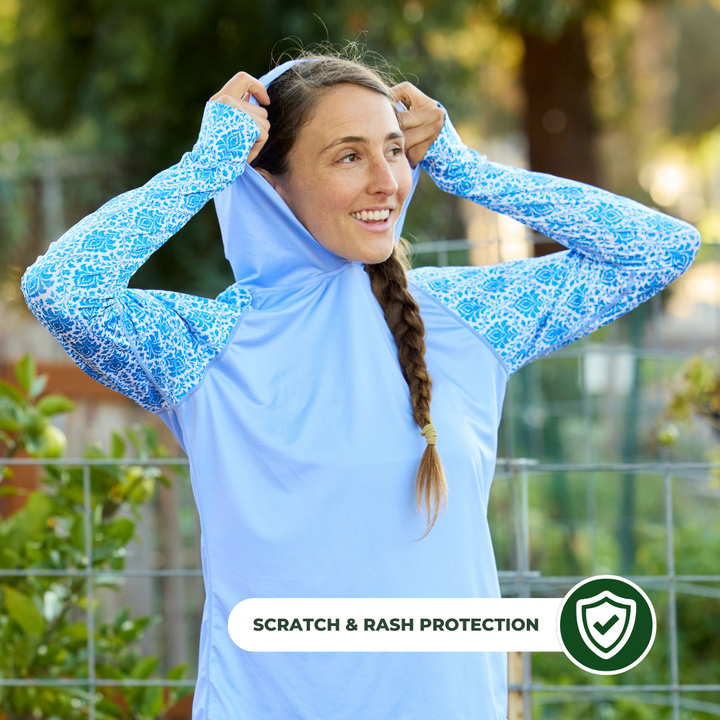 Women's UV Protection Sun Hoodie - Royal Blue Damask