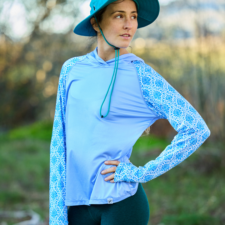 Women's UV Protection Sun Hoodie - Royal Blue Damask