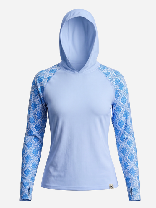 Women's UV Protection Sun Hoodie - Royal Blue Damask