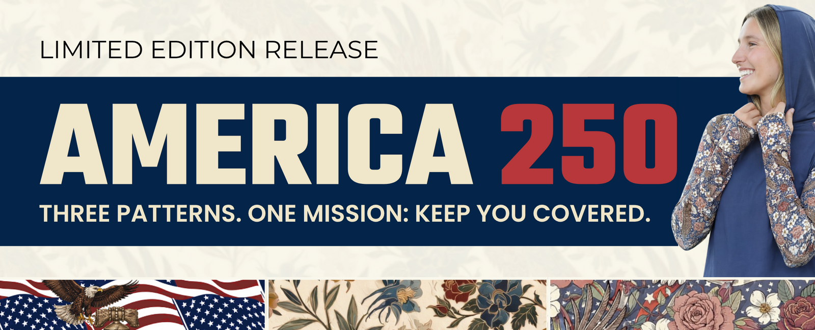 Promotional graphic for a limited edition product with patterns and text about America 250.