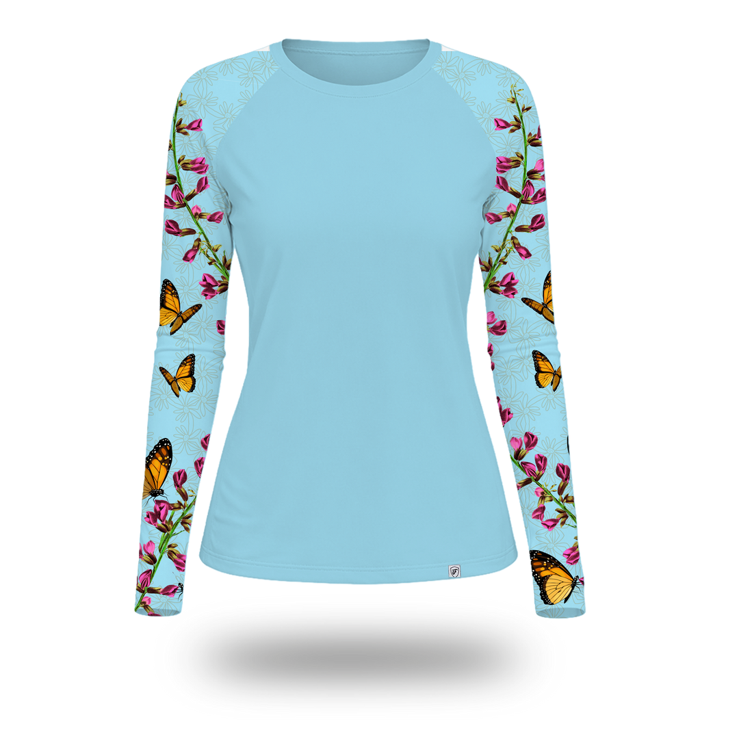 Light blue long-sleeve UV shirt with butterfly and floral pattern on sleeves