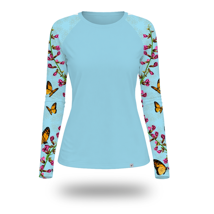 Light blue long-sleeve UV shirt with butterfly and floral pattern on sleeves