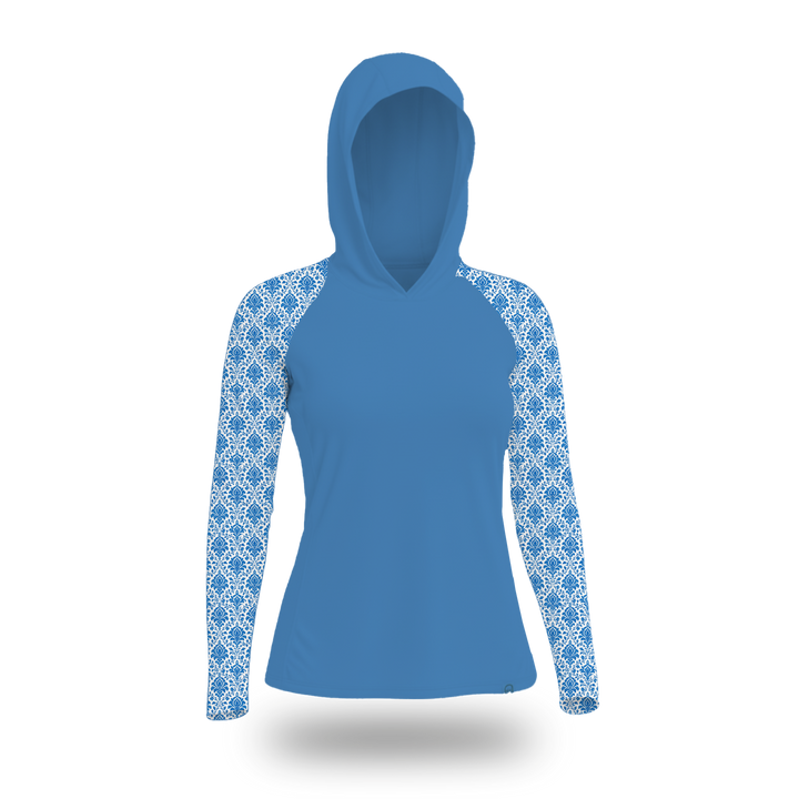 Women's UV Protection Sun Hoodie - Royal Blue Damask